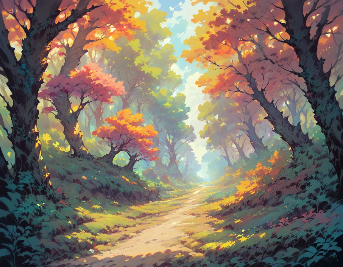 score_9, score_8_up, score_7_up, breathtaking scenery, colorful forest, dirt path, sunny day