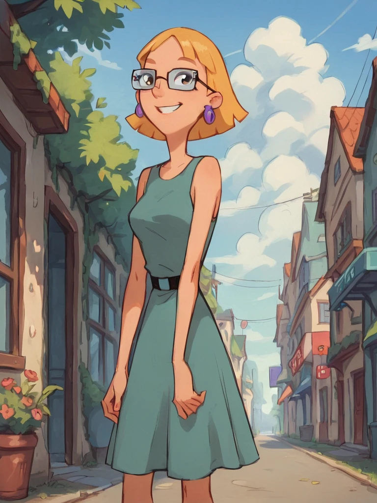 miriam, 1girl, glasses, earrings, jewelry, solo, short hair, blonde hair, smile, dress <lora:MiriampatakiPony1.1:0.8>, score_9, score_8_up, score_7_up, score_6_up, <lora:Smooth Anime Style LoRA XL:1> outdoors,