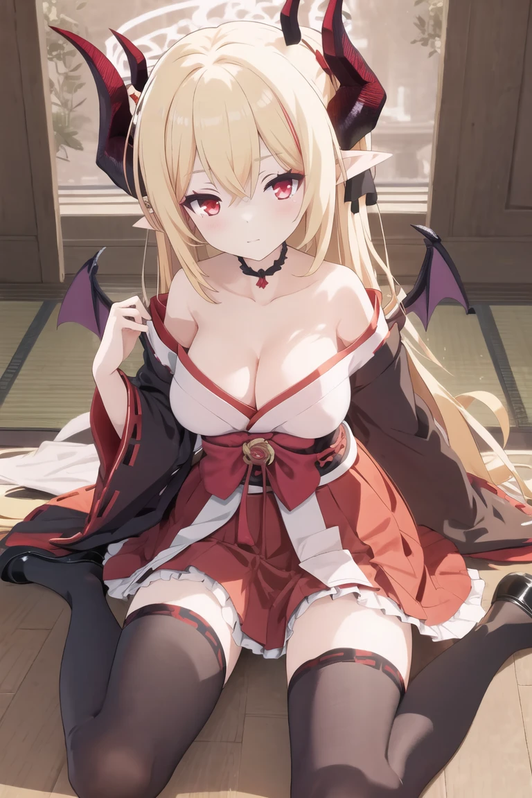 (masterpiece),best quality,medium_shot,sitting,wariza,1girl, solo, horns, breasts, tail, thighhighs, blonde hair, demon girl, demon tail, demon wings, long hair, red eyes, wings, japanese clothes, cleavage, white thighhighs, demon horns, miko, large breasts, bare shoulders, looking at viewer, ribbon trim,wide sleeves,off shoulder, hakama, , hakama skirt, long sleeves, ribbon, ribbon-trimmed sleeves, skirt, hair ribbon, choker, collarbone, kimono, red hakama, pointy ears, bangs, hakama short skirt