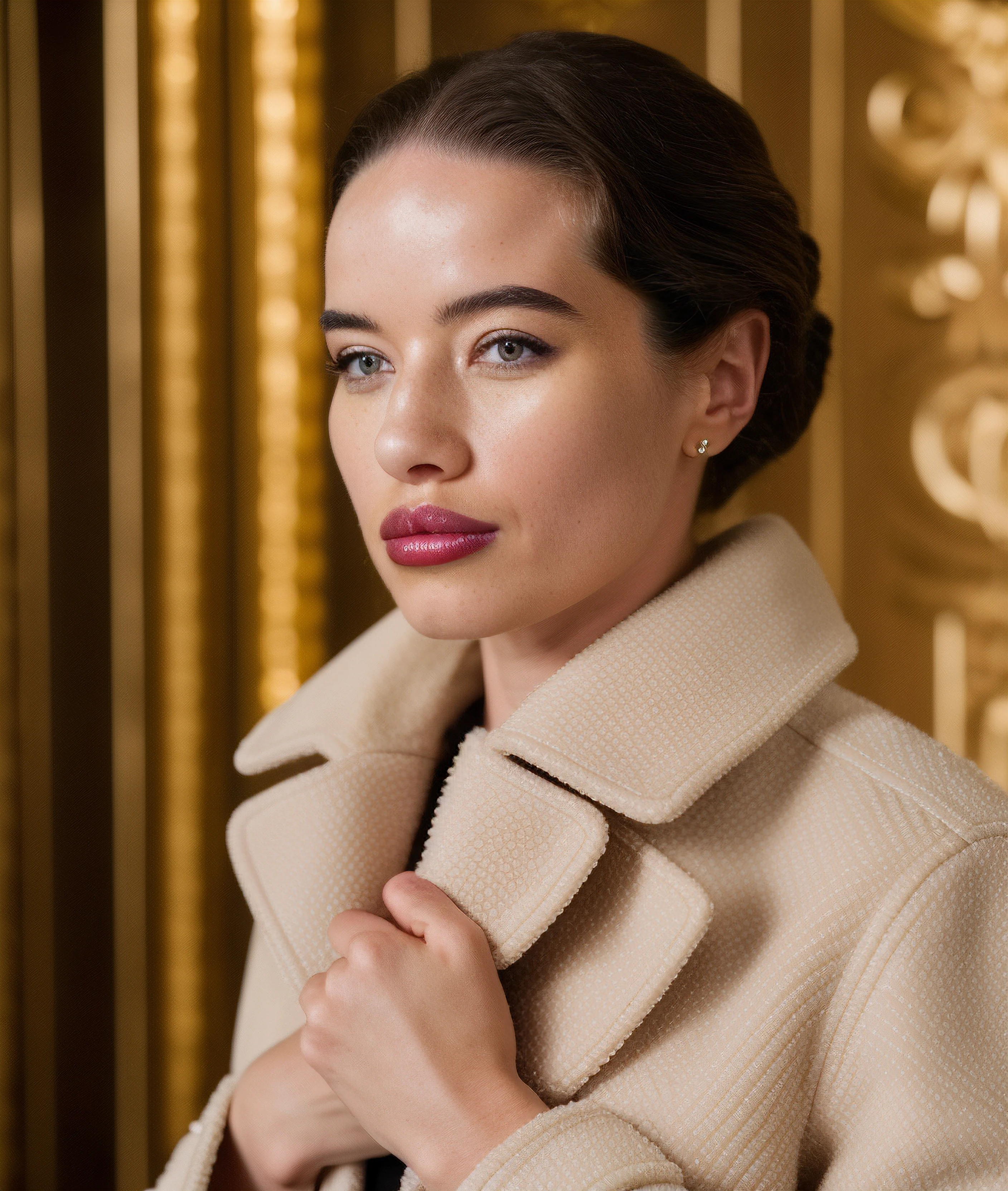 professional glamour photograph of apopp wearing a yellow Chanel coat and silver jewelry, elegant hairstyle, Beverly Hills, face details, burgundy lipstick, pretty face, intricate skin details, peachfuzz, pores, masterpiece, <skinhairdetail>