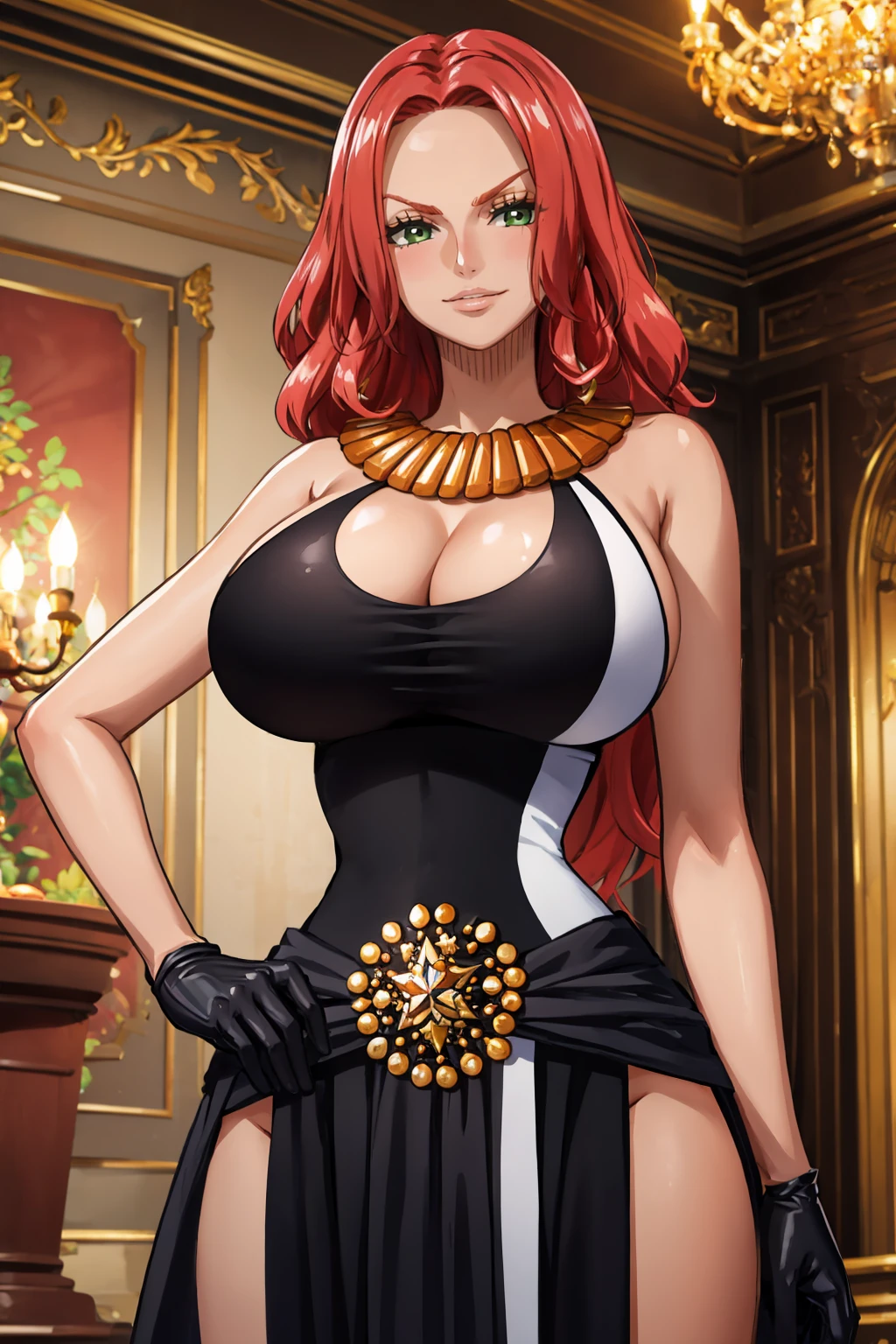 masterpiece, best quality, 1girl,  <lora:baccarat-nvwls-v1-000010:0.9> opBacara, wavy hair, green eyes, eyelashes, necklace, black dress, cleavage cutout, long dress, black gloves, (huge breasts:0.8), upper body, looking at viewer, smirk, furrowed brow, mansion, chandelier