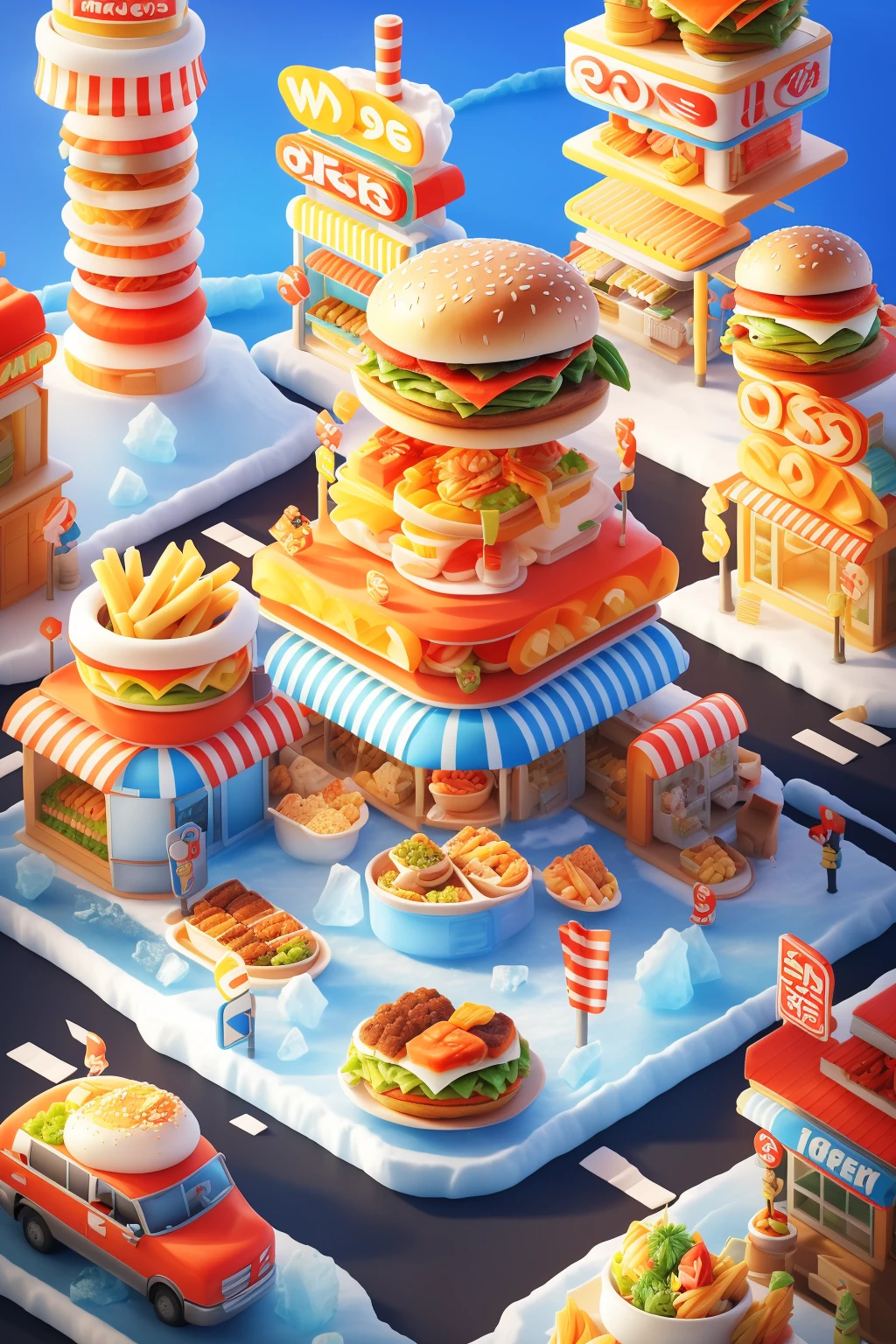 masterpiece,best quality,3D rendering of a game scene with multiple buildings and houses made of fast food icons such as burgers, hot dogs, pizza slices, french fries, sushi rolls, ice cream cones, and ramen bowls, all combined to form the shape of a "C", in a vibrant cartoon style,<lora:douyinxieshi1.5:0.8>,