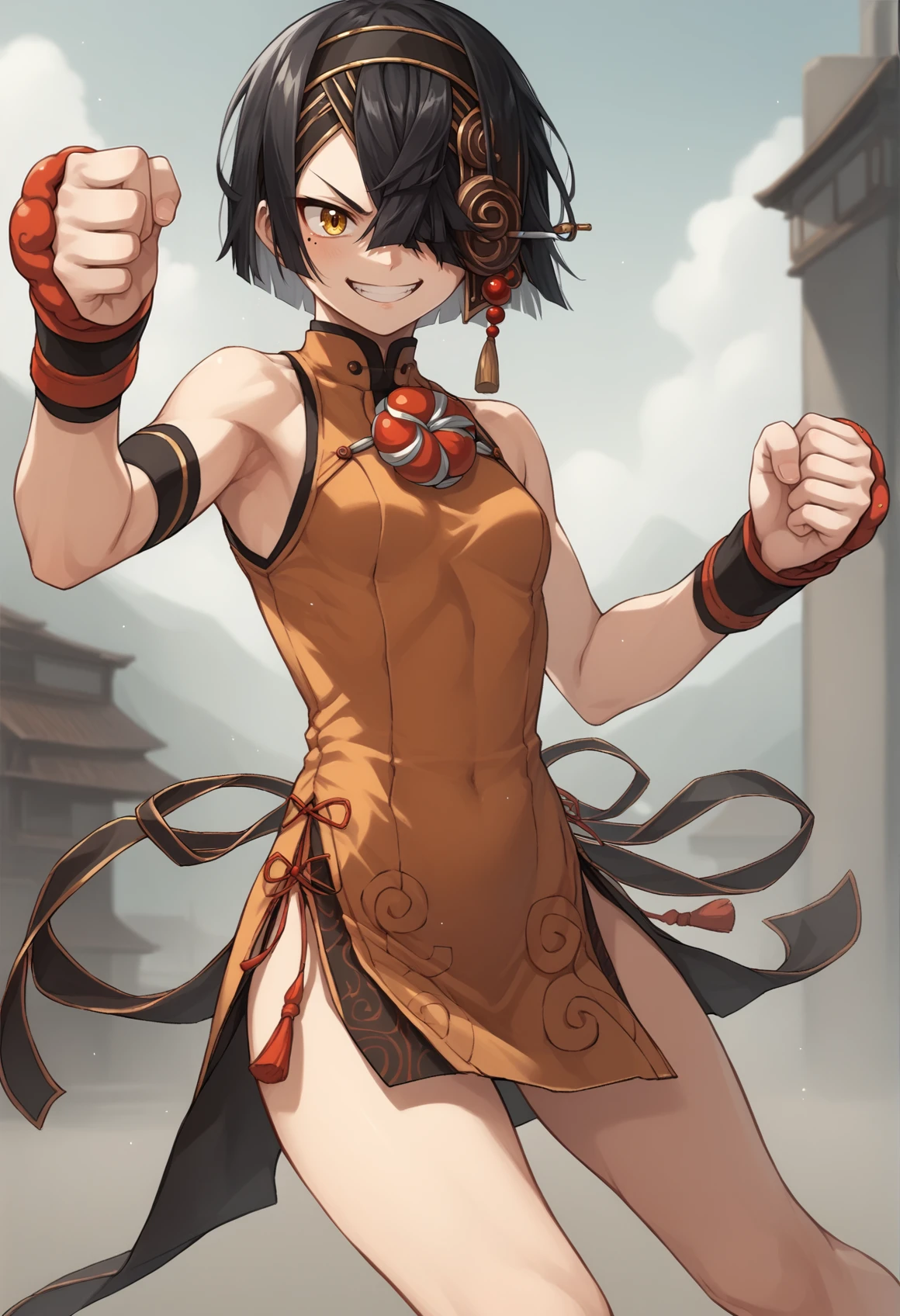 1girl, short hair, black hair, hair over one eye, yellow eyes, mole under eye, hairband, hairpin, Cheongsam, sleeveless, wristbands, side slit, outdoors, kung fu, fighting stance, :o, smile, small breasts <lora:Xu_Fu_XL:1>, score_9, score_8_up, score_7_up, score_6_up, score_5_up, score_4_up, BREAK source_anime, masterpiece