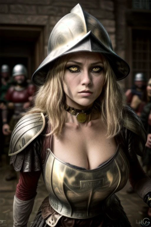 (hyperrealistic photograph:1), transforming into a blond werewolf, warm volumetric lighting, vibrant color, fantasy, dynamic dramatic pose, running, dashing,1girl, fierce beautiful guard in a brass breastplate and skirt, lupine features, lupine blond hair, wide brimmed conquistador helmet, gaunt face, pale-skin, spooky golden wolf eyes, feminie figure, cleavage, detailed background, fFaceDetail, ((wearing leather collar, small round brass id tag hanging from choker)),