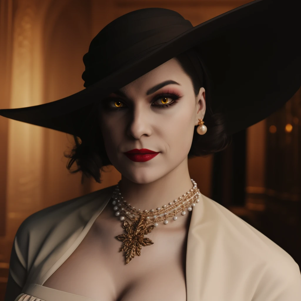 house, peop Best_QualityPos, RAW photo, intricate details, best quality, 8k uhd, soft lighting, 1girl, solo, alcina dimitrescu, hat, black hat, short hair, black hair, yellow eyes, colored skin, grey skin, dress, white dress, collarbone, rose, black flower, black rose, jewelry, earrings, necklace,  lipstick, makeup <lora:Alcina_Dimitrescu:0.7> <lora:exposure_control_v10:-0.4>