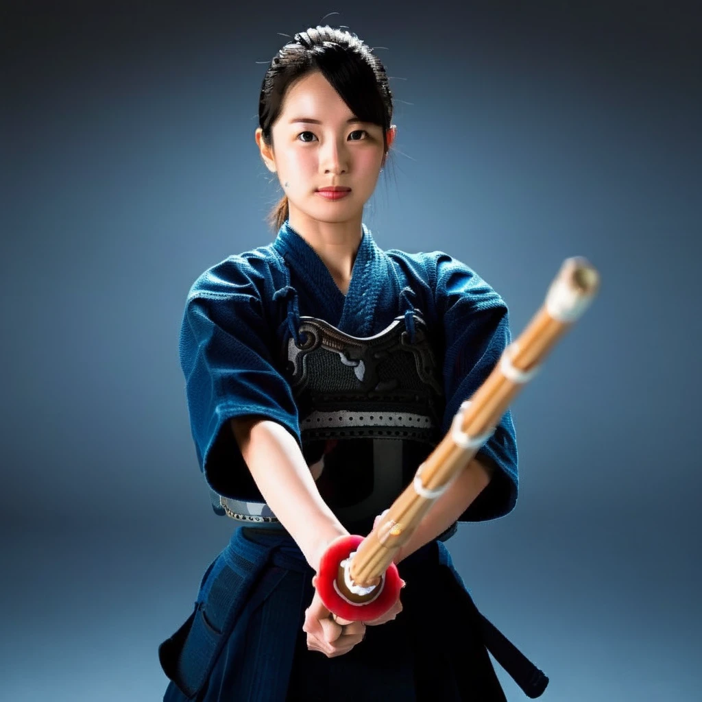 A woman with dark hair tied in a high ponytail is wearing a blue kimono-like uniform with a dark blue hakama and a blue cloth belt. She holds a bamboo sword, known as a shinai, with both hands in a ready position for martial arts practice. The handle of the shinai has a distinct red and white striped pattern. She stands in a well-lit hall with white curtains on the windows and a grey floor, suggesting a serene and focused atmosphere suitable for training. <lora:Ichimonji:1>