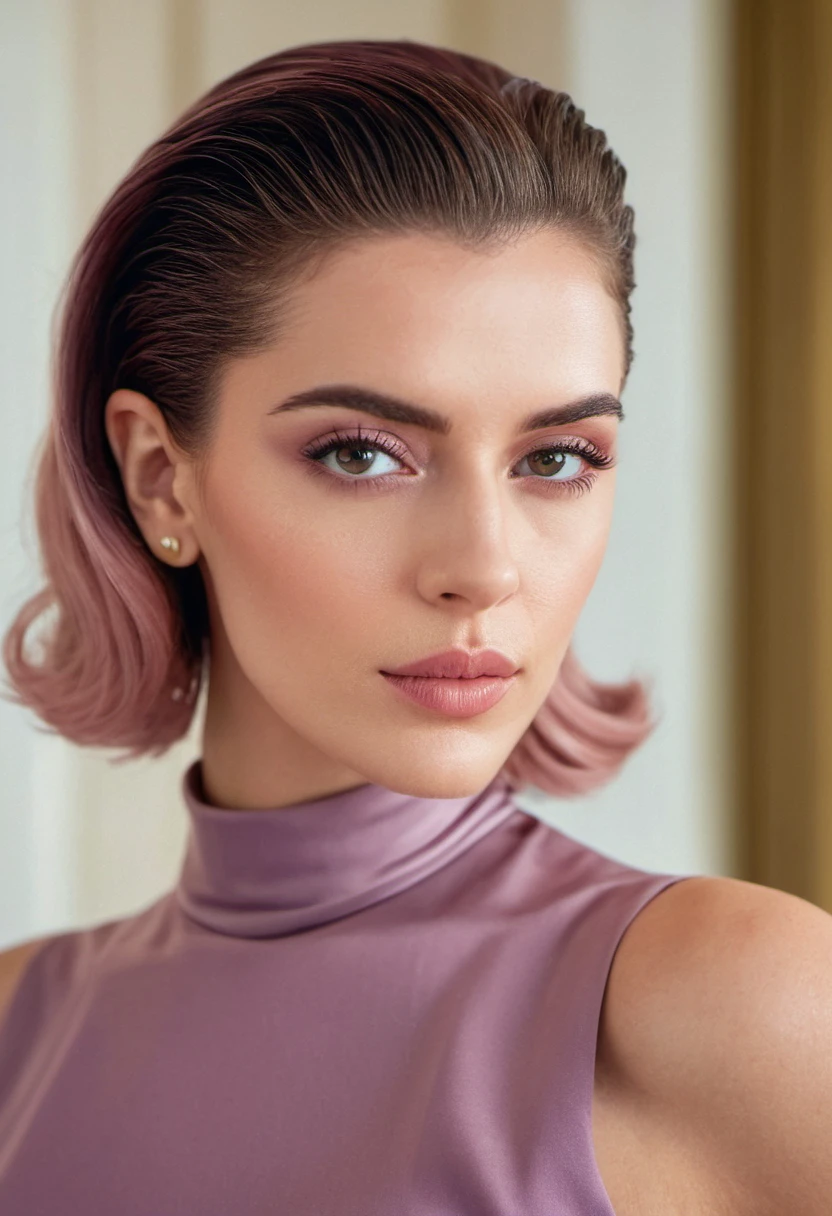 cinematic film still of extremely beautiful woman, Close-Up Portrait, looking at camera, attractive, slicked-back hair, Seersucker Classic Elegance clothing, Dusty rose and mauve Skirt and Crop top, Pastel Colors hair, Luxurious Penthouse or Mansion, Portrait photography, model face, 22 years old, 