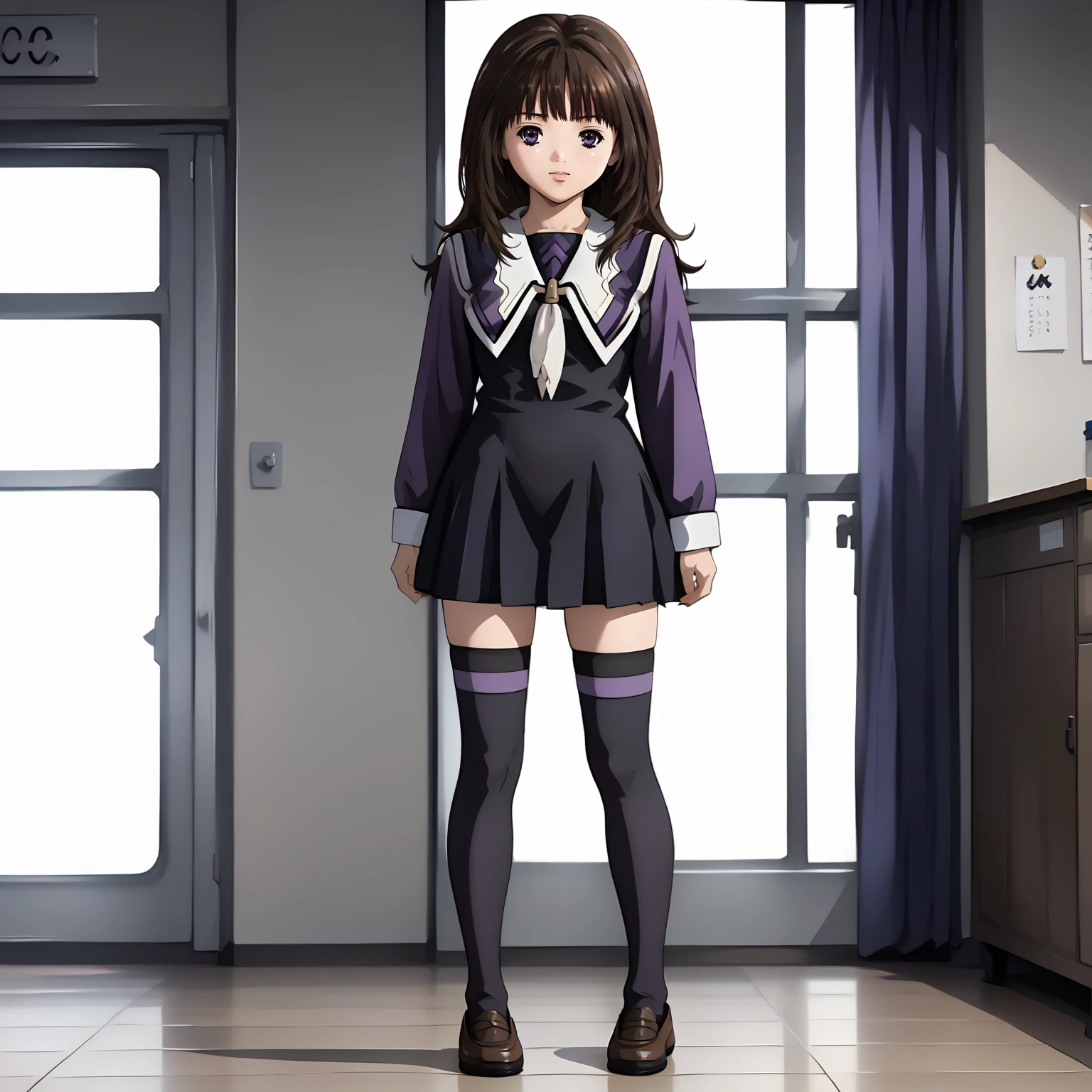 <lora:IoriYoshizukiXLpony001>,
solo,
IoriYoshizuki,1girl,brown hair,long hair,purple eyes,
school_uniform,black dress,long sleeves,
thighhighs,
full body,standing,