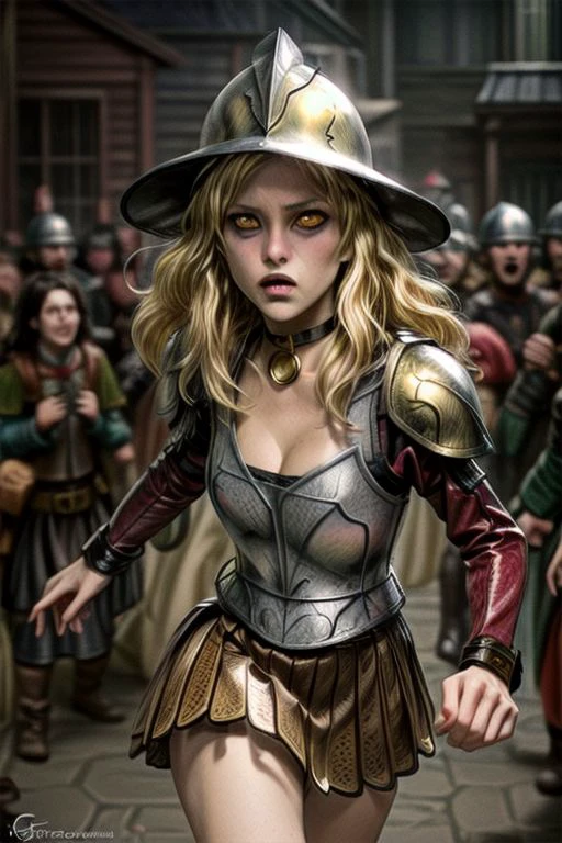 (hyperrealistic photograph:1), transforming into a blond werewolf, warm volumetric lighting, vibrant color, fantasy, dynamic dramatic pose, running, dashing,1girl, fierce beautiful guard in a brass breastplate and skirt, lupine features, lupine blond hair, wide brimmed conquistador helmet, gaunt face, pale-skin, spooky golden wolf eyes, feminie figure, cleavage, detailed background, fFaceDetail, ((wearing leather collar, small round brass id tag hanging from choker)),