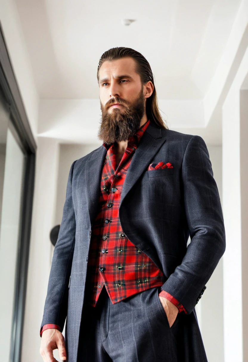 cinematic film still of extremely handsome man, long squared majestic beard, Full Body Shot, slicked-back hair, attractive, Tartan clothes, Modern and Minimalistic Interior, Editorial photography, model face, 25 years old, taken from below, intimidating, long hair