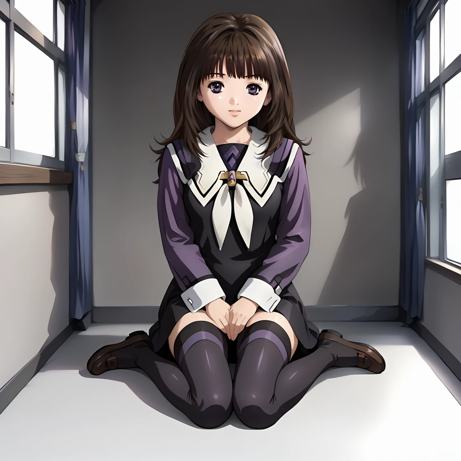 <lora:IoriYoshizukiXLpony001>,
solo,
IoriYoshizuki,1girl,brown hair,long hair,purple eyes,
school_uniform,black dress,long sleeves,
thighhighs,
full body,sitting,