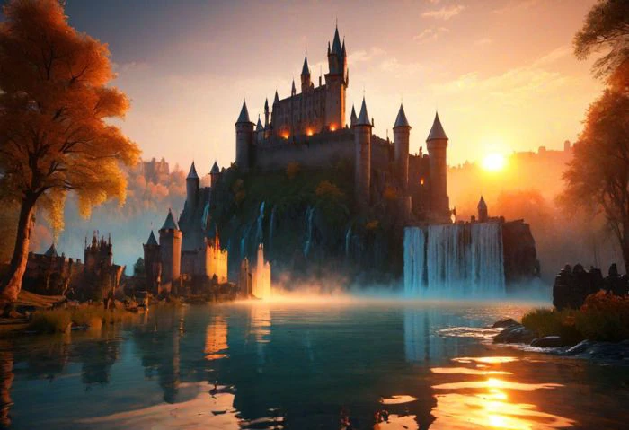 score_9, score_8_up, score_7_up, score_6_up, score_5_up, score_4_up, high resolution, sunset, castle surrounding by mystical lake, amazing water fall in background reflecting sunset light and water looks like flamme, water reflection, style of medieval fantasy, haze on water