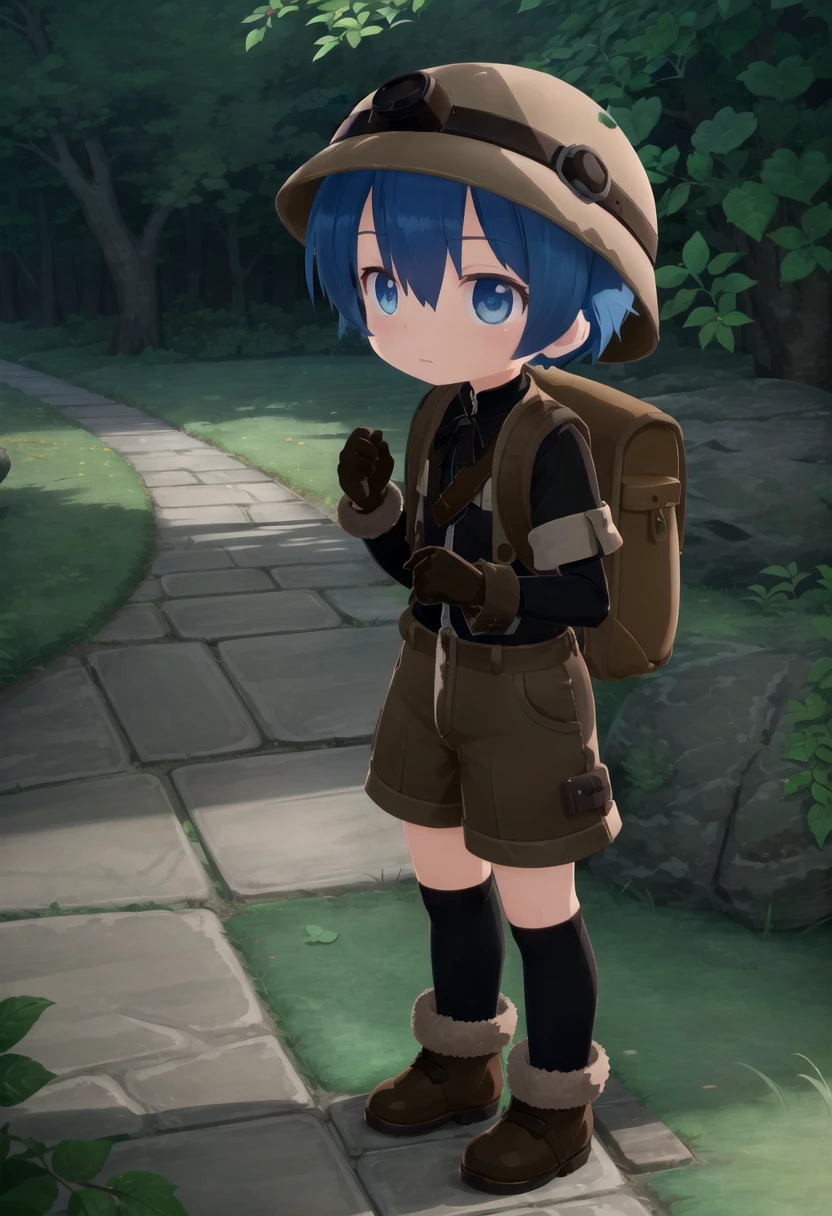 <lora:made_in_abyss_-_binary_star_-_aki-sd-v10:0.6>
masterpiece, ultra detail, forest, detailed background, looking at camera, mia_aki, solo, blue eyes, shirt, gloves, 1boy, hat, holding, closed mouth, blue hair, standing, full body, male focus, boots, outdoors, shorts, black gloves, bag, black shirt, brown footwear, backpack, helmet, male child, brown shorts, whistle, pickaxe , draw it in the style of made in abyss,The soft lighting and detailed surroundings create an immersive environment where imagination runs wild hyper-detailed,hyper-detailed face, high quality visuals, dim Lighting, sharply focused, octane render, 8k UHD