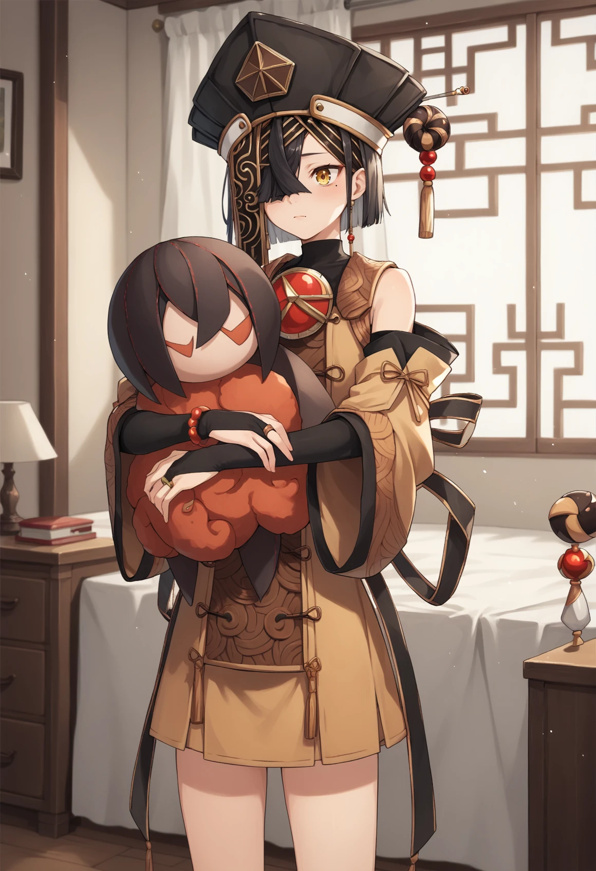 1girl, solo,short hair, black hair, hair over one eye, yellow eyes, mole under eye, hairband, hairpin, hat, chinese clothes, long sleeves, wide sleeves, detached sleeves, skirt, bridal gauntlets, hat, jewelry, bracelet, standing, indoors, bedroom, hug, stuffed toy, cowboy shot <lora:Xu_Fu_XL:1>, score_9, score_8_up, score_7_up, score_6_up, score_5_up, score_4_up, BREAK source_anime, masterpiece