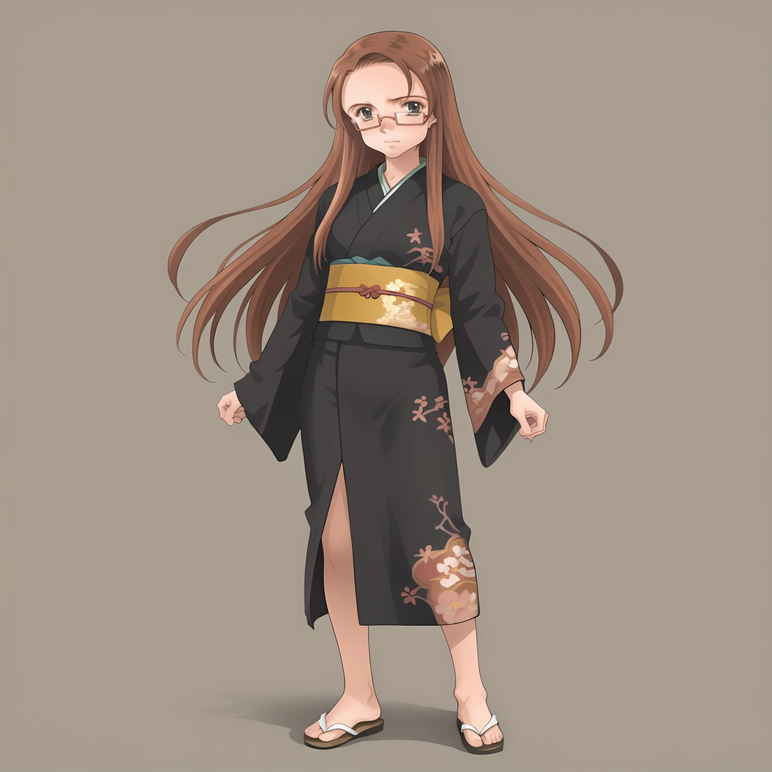 <lora:KyoukoAsahinaXLpony001>,
solo,
KyoukoAsahina,1girl,brown hair,long hair,black eyes,eyewear,
full body,standing,print_kimono,