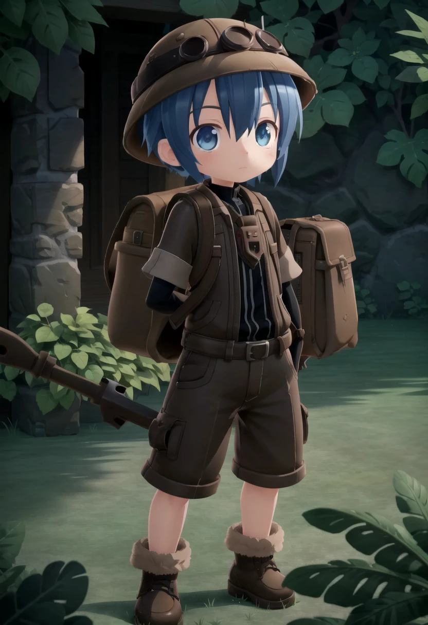 <lora:made_in_abyss_-_binary_star_-_aki-sd-v10:0.6>
masterpiece, ultra detail, forest, detailed background, looking at camera, mia_aki, solo, blue eyes, shirt, gloves, 1boy, hat, holding, closed mouth, blue hair, standing, full body, male focus, boots, outdoors, shorts, black gloves, bag, black shirt, brown footwear, backpack, helmet, male child, brown shorts, whistle, pickaxe , draw it in the style of made in abyss,The soft lighting and detailed surroundings create an immersive environment where imagination runs wild hyper-detailed,hyper-detailed face, high quality visuals, dim Lighting, sharply focused, octane render, 8k UHD