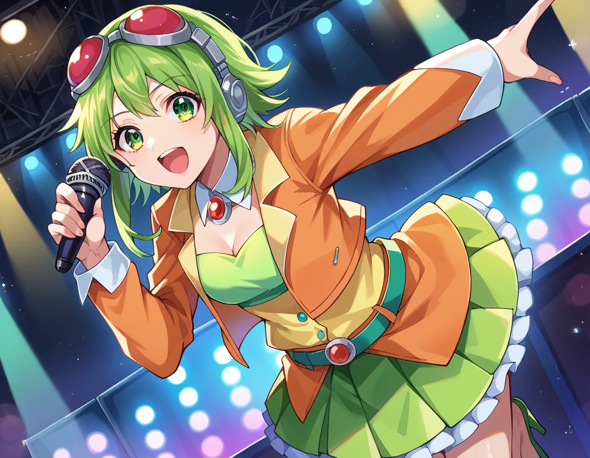 score_9, score_8_up, score_7_up, source_anime,
vocaloidgumi, <lora:vocaloid-gumi-ponyxl-lora-nochekaiser:1>,
gumi, green eyes, green hair, medium hair, sidelocks,
belt, brooch, frilled skirt, frills, goggles, goggles on head, green skirt, green tube top, headphones, high heels, jacket, jewelry, layered skirt, orange jacket, orange skirt, pleated skirt, red goggles, shirt, skirt, strapless, tube top, yellow shirt,
indoors, stage, stage lights, singing, audience, microphone, holding microphone, open mouth, bent over,
looking at viewer, dutch angle, cowboy shot,