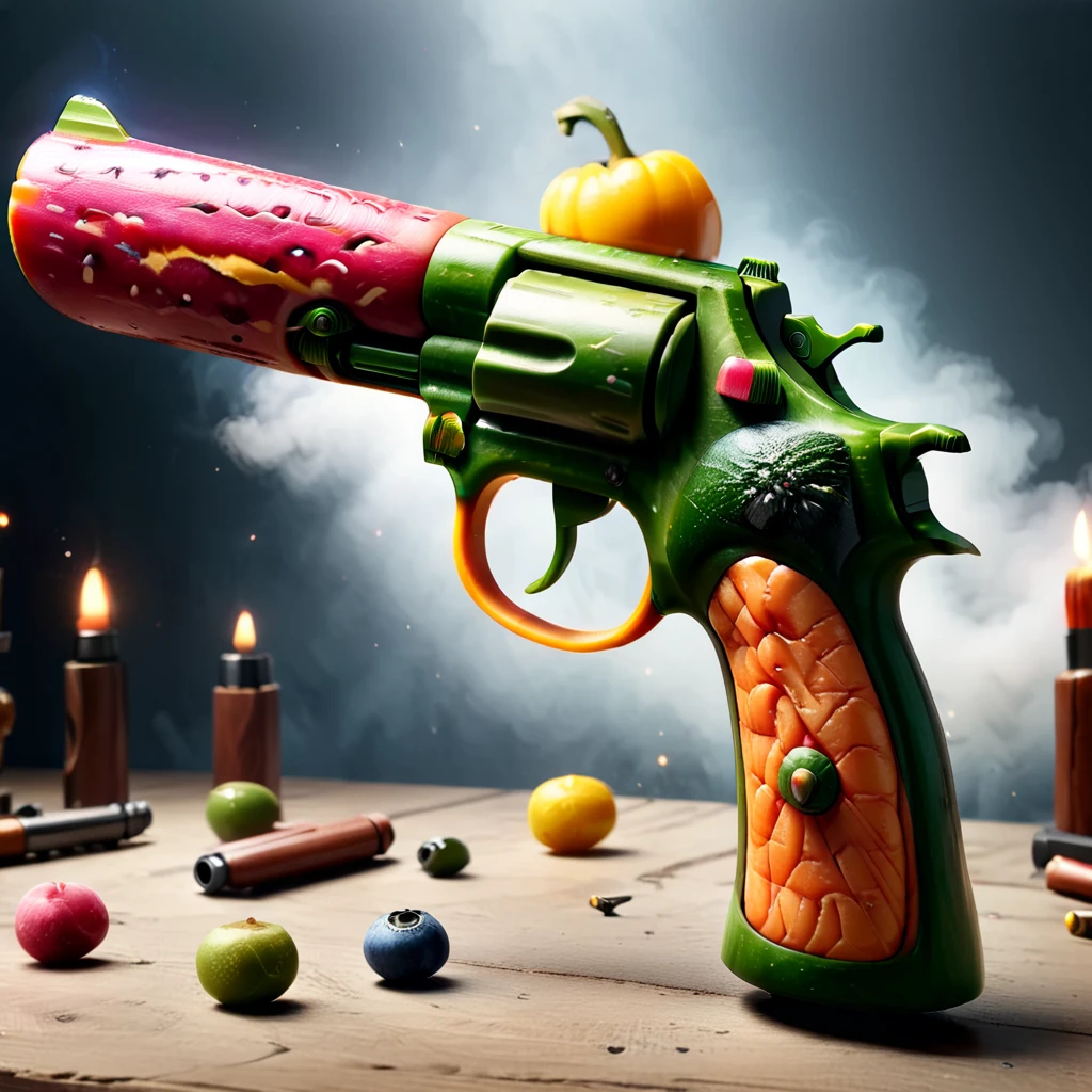 Masterpiece,absurd resolution,8k,high resolution,fruity,
pistol,weapon,
 ,<lora:Fruit_world_XL25:1>