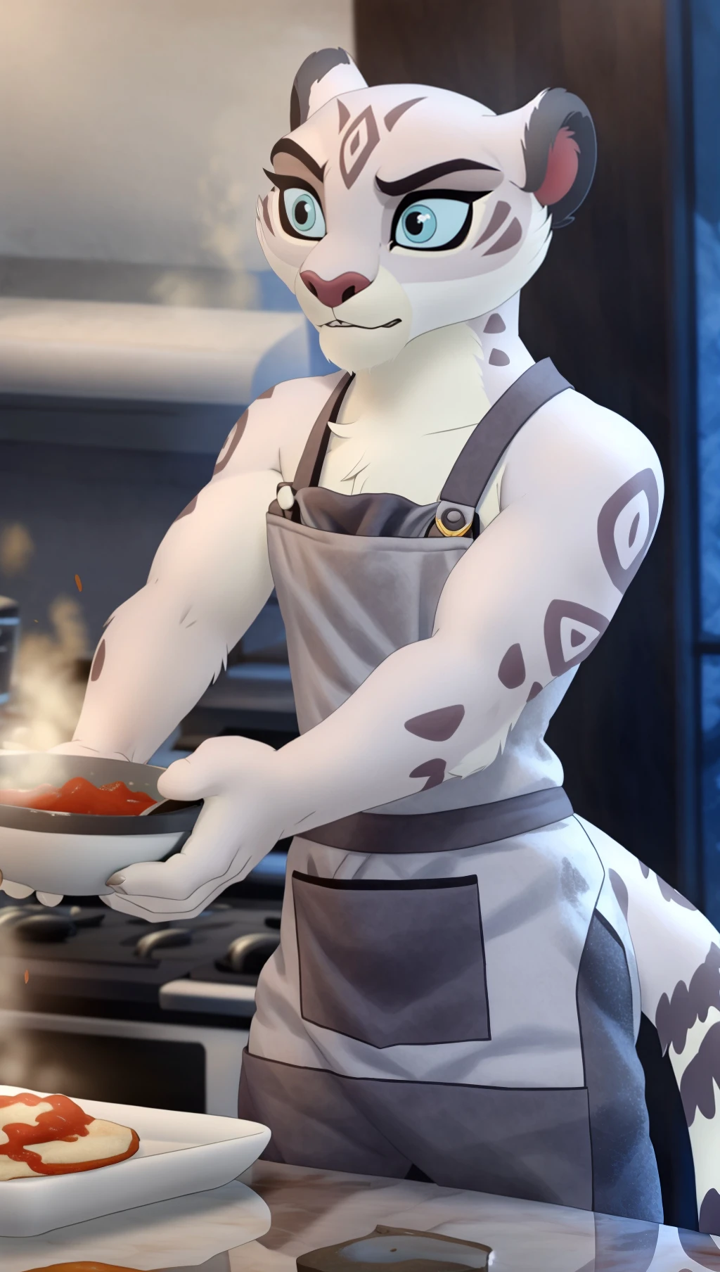 <lora:140835A2A6:0.9> cute anthro snow leopard girl, Chuluun ,  cinematic light, detailed hair, HD, 8k, professional photo, cooking,