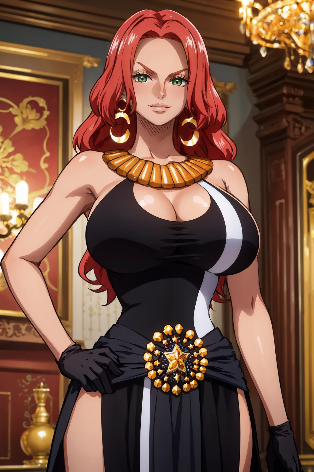 masterpiece, best quality, 1girl,  <lora:baccarat-nvwls-v1-000010:0.9> opBacara, wavy hair, green eyes, eyelashes, necklace, black dress, cleavage cutout, long dress, black gloves, (huge breasts:0.8), upper body, looking at viewer, smirk, furrowed brow, mansion, chandelier, earrings