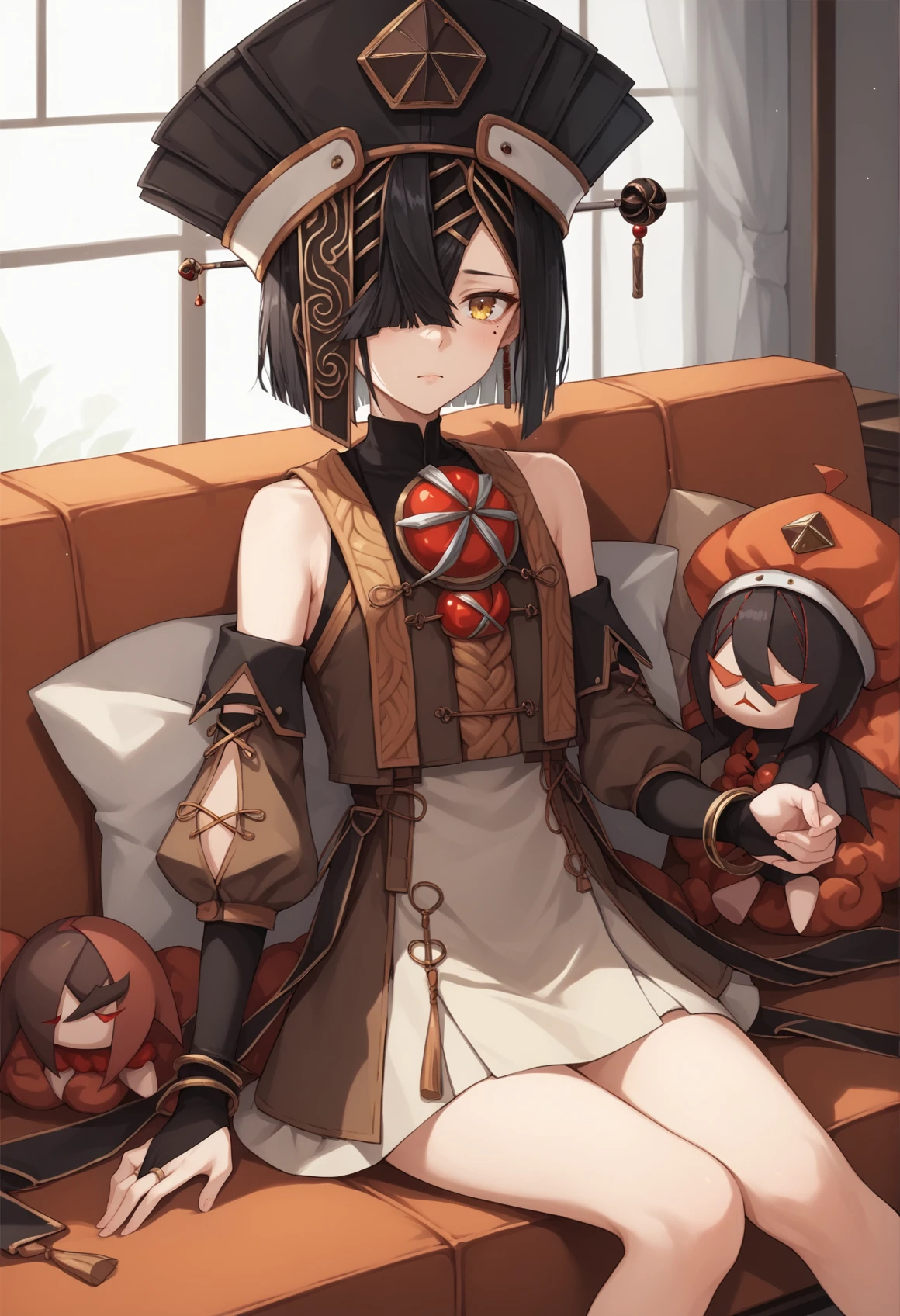 1girl, short hair, black hair, hair over one eye, yellow eyes, mole under eye, hairband, hairpin, hat, chinese clothes, long sleeves, detached sleeves, skirt, bridal gauntlets, hat, jewelry, bracelet, sitting, couch, indoors, stuffed toy <lora:Xu_Fu_XL:1>, score_9, score_8_up, score_7_up, score_6_up, score_5_up, score_4_up, BREAK source_anime, masterpiece