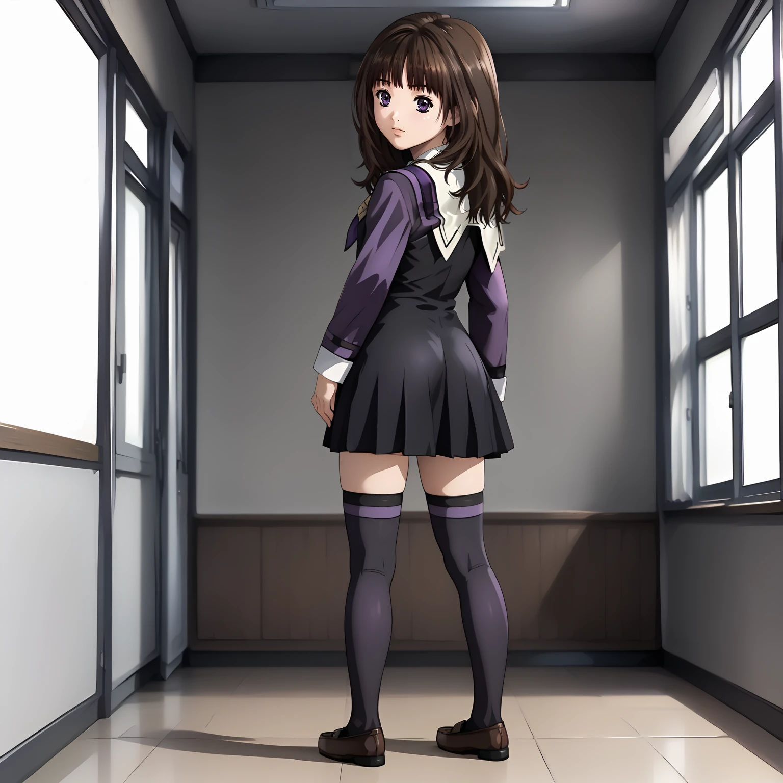 <lora:IoriYoshizukiXLpony001>,
solo,
IoriYoshizuki,1girl,brown hair,long hair,purple eyes,
school_uniform,black dress,long sleeves,
thighhighs,
full body,standing,looking back,