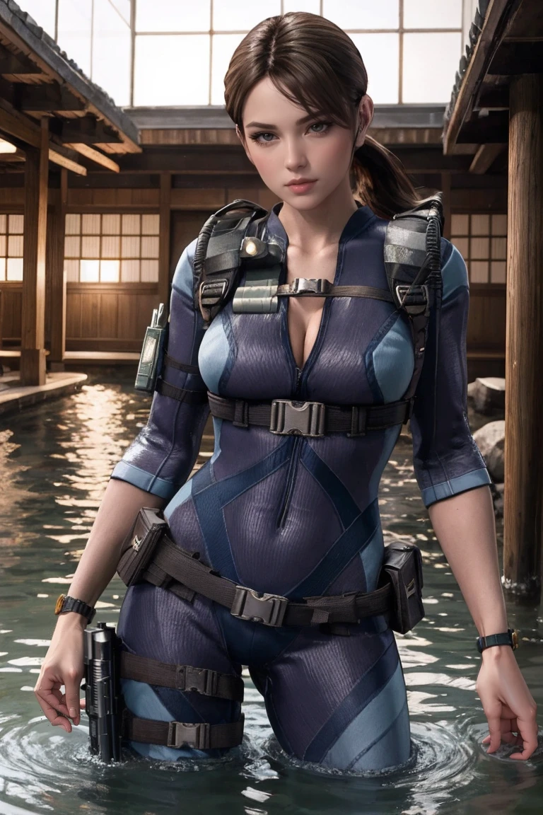 masterpiece, best quality, high quality, highres, wading,looking at viewer,solo,water, sunset, onsen, wisteria,moody lighting, BREAK, 
GAME_ResidentEvilRevelation_JillValentine_ownwaifu, www.ownwaifu.com, 
1girl, breasts, brown hair, short hair, medium breasts, jill valentine, lips, ponytail, long hair, blue eyes, large breasts, collarbone, makeup, 
bodysuit, cleavage, watch, holster, wristwatch, belt, uniform, military, bracelet, thigh holster, pouch, skin tight, bulletproof vest, 
<lora:GAME_ResidentEvilRevelation_JillValentine_ownwaifu-15:0.8>