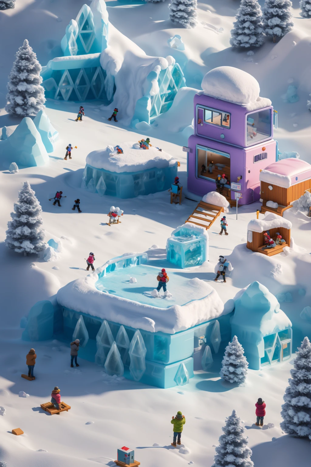 masterpiece,best qualityA group of friends playing snowballs in a ski resort,in the style of Pixar,with C4D rendering,in a 3D cartoon scene with 2 people. One person is sitting on his back with his hands raised high to help another girl wearing a pink down jacket and blue hat. She has a large white woolen scarf around her neck. There is an ice sculpture happily standing next to him,<lora:douyinxieshi1.5:0.8>,