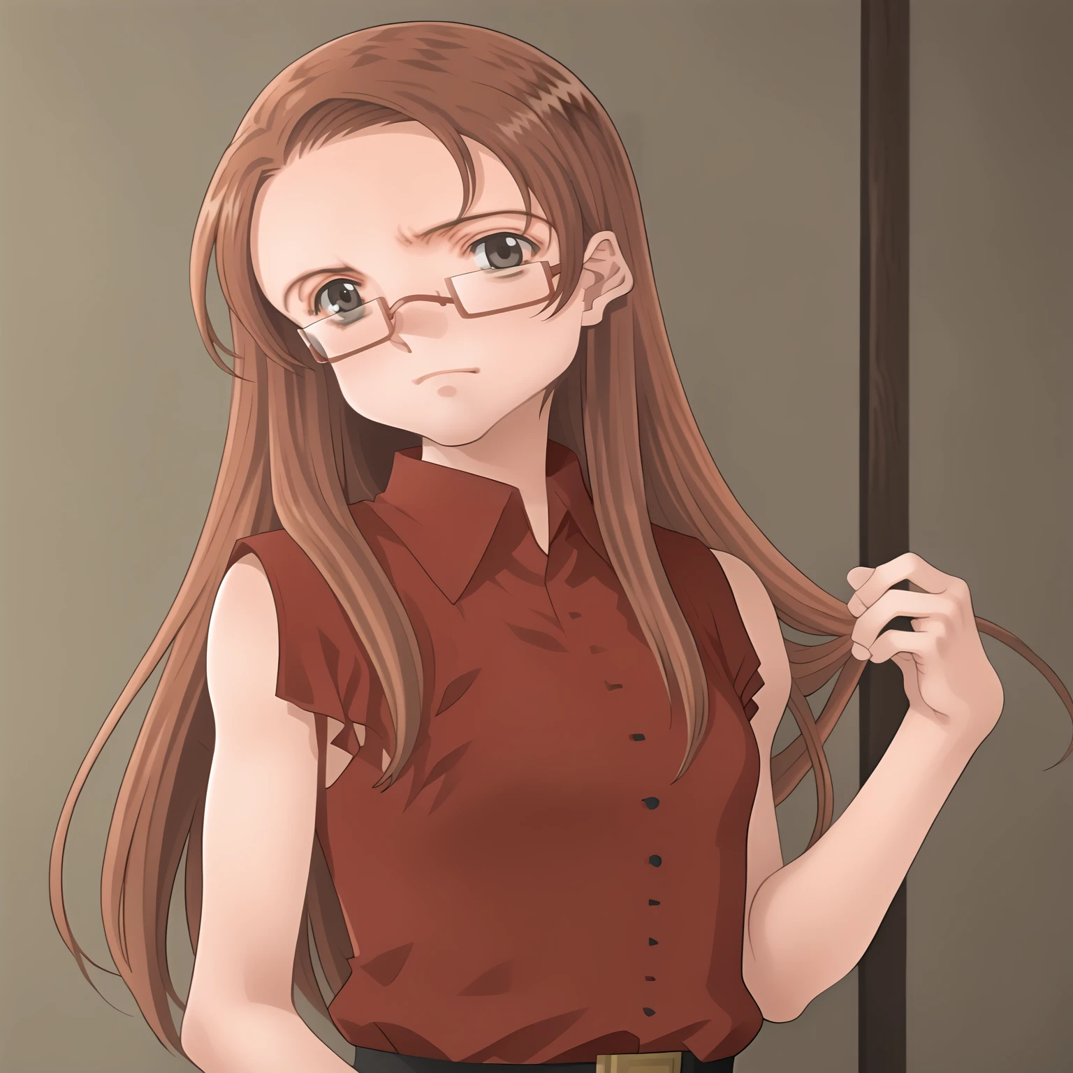 <lora:KyoukoAsahinaXLpony001>,
solo,
KyoukoAsahina,1girl,brown hair,long hair,black eyes,eyewear,
red shirt,sleeveless,