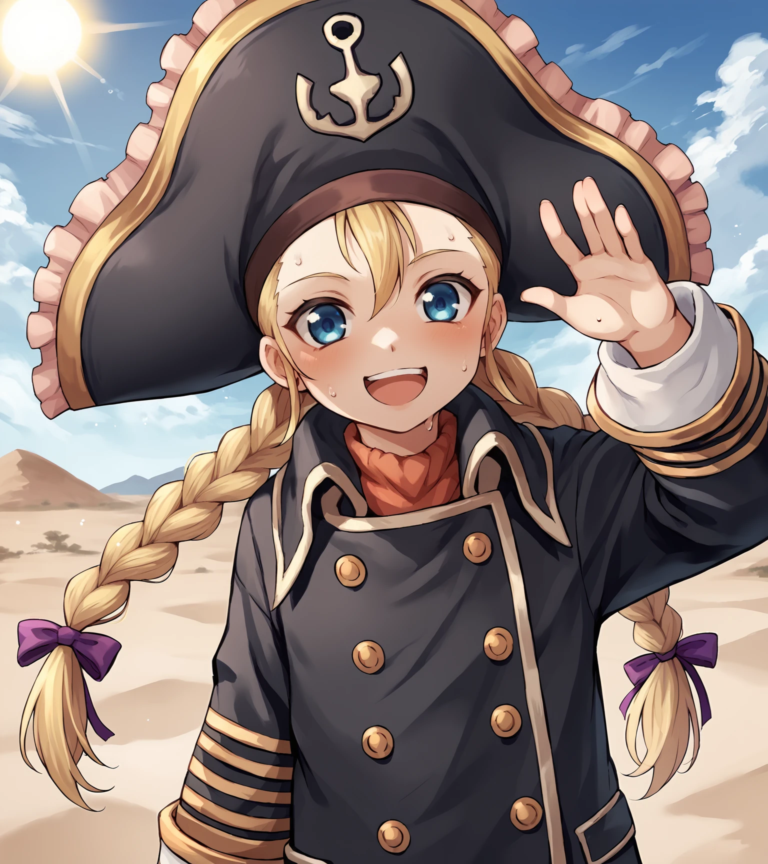 score_9, score_8_up, score_7_up, score_6_up, score_5_up, score_4_up, BREAK source_anime,
1girl, solo,  <lora:PattyFleur:0.9>, Patty Fleur, blonde hair, twin braids, hair ribbon, blue eyes, flat chest, pirate hat, black coat, boots, 
(upper body, portrait),, from behind,, looking at viewer, happy,
outdoors, desert, sand dunes, sun, sweat, 
nyonyonba_tarou,