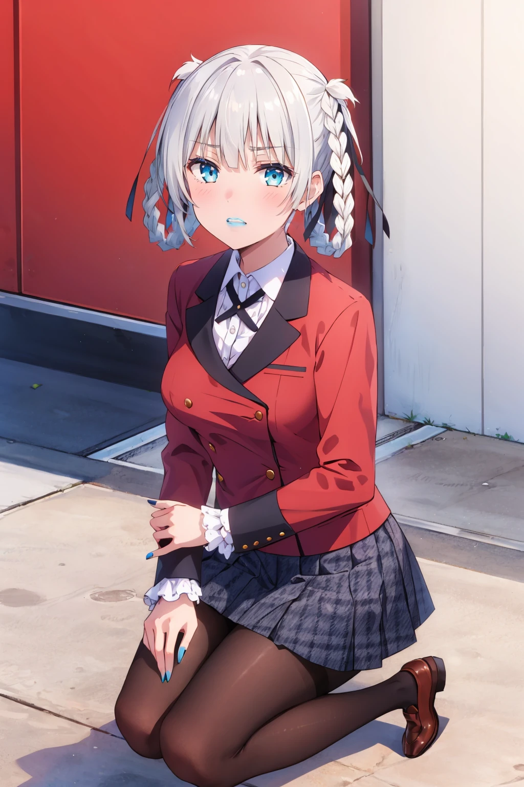 masterpiece, best quality, 1girl,  <lora:kirari-nvwls-v1-000010:0.9> momobami kirari, white hair, braid, hair rings, hair ribbon, blue lipstick, black ribbon, collared shirt, red blazer, houndstooth skirt, pantyhose, loafers, kneeling, furrowed brow, clenched teeth, looking at viewer, on ground, blue nails