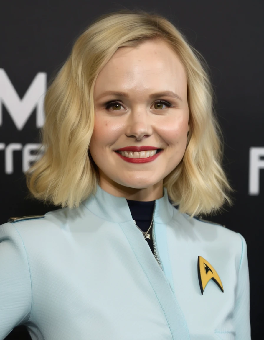 ,portrait photo of  alsnpllbq woman, dressed as a Star Trek uniform, at Comicon,(masterpiece) (best quality)<lora:Alison Pill-000007:1.0>