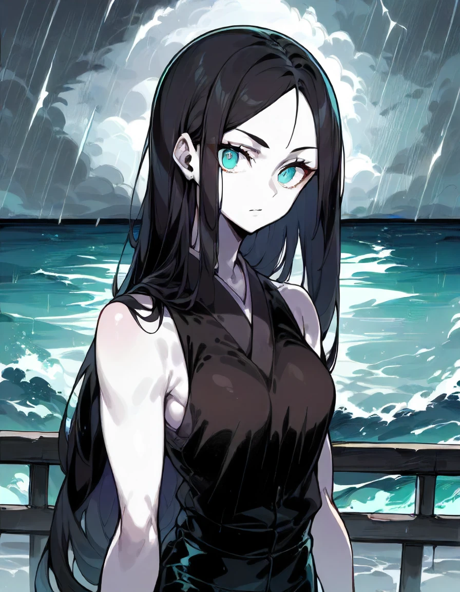 score_9, score_8_up, score_7_up,1girl,solo,standing,upper body,
looking at viewer,ruclass,pale skin,long hair,black hair,aqua eyes,parted bangs,forehead,
sidelocks,black sleeveless shirt,black kimono,storm,overcast,ocean,night,
<lora:ru-class_ponyXLV6:0.7>