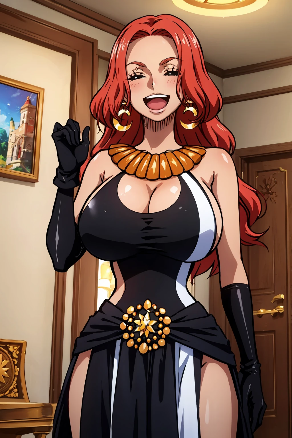 masterpiece, best quality, 1girl,  <lora:baccarat-nvwls-v1-000010:0.9> opBacara, wavy hair, eyelashes, earrings, necklace, black dress, white stripe, cleavage cutout, long dress, black gloves, (huge breasts:0.8), closed eyes, :D, laughing, indoors, looking at viewer