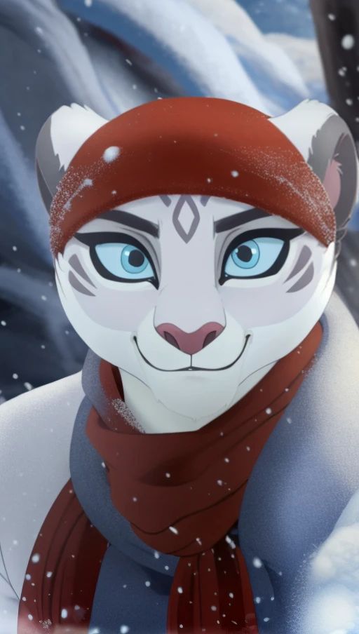 <lora:140835A2A6:0.9> cute anthro snow leopard girl (Chuluun), close up, cinematic light, HD, 8k, professional photo, posing, , NCRSCHKWARMINGMEME, POV, RED SCARF, WINTER CLOTHES, SMILE, BLUSH, white blouse, blue eyes, (fangs:0.7), red mittens, snowfall, evening, hairs between eyes  rim lighting, two tone lighting, dimly lit, low key, silver earrings, steam, contrast light, detailed shadows