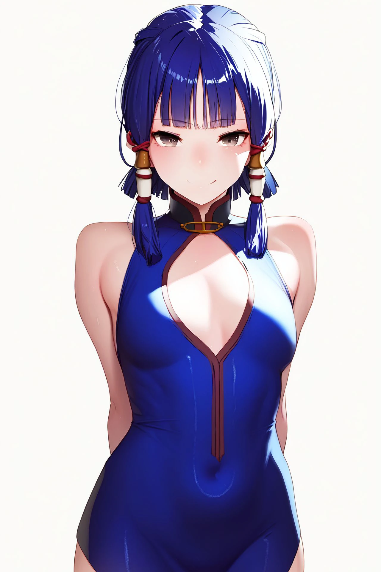 score_9, score_8_up, score_7_up, 1girl, naughty smile, looking at viewer, blue hair, straight-across_fringe, bronze eyes, medium breasts, arms_behind_back, kanzashi <lora:gweda_PonyXL_style_v01.10.08.025:1>