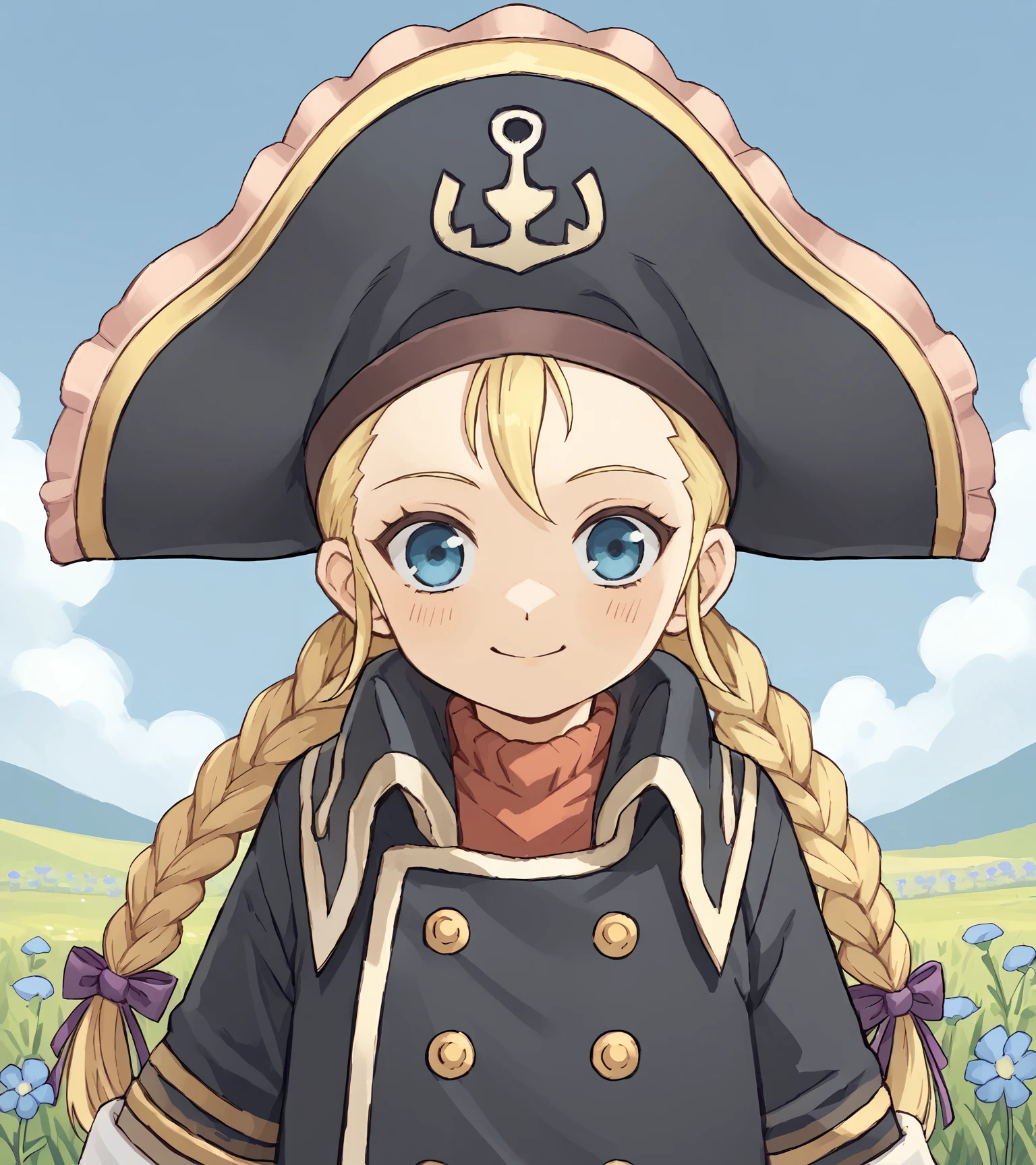 score_9, score_8_up, score_7_up, score_6_up, score_5_up, score_4_up, BREAK source_anime,
1girl, solo,  <lora:PattyFleur:0.9>, Patty Fleur, blonde hair, twin braids, hair ribbon, blue eyes, flat chest, pirate hat, black coat, boots, 
(upper body, portrait),, from below,, looking at viewer, happy,
outdoors, field of blue flowers, sky, 
<lora:mo_(kireinamo):1>,