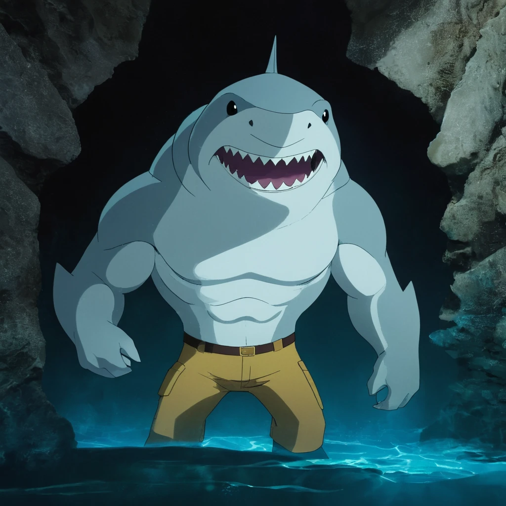 anime artwork of  <lora:King Shark:1>
In the The DC Comics Cinematic Animated Universe King Shark a shark with a big mouth and a big grin standing in a dark cave with body of water beneath,solo,open mouth,simple background,1boy,male focus,teeth,water,no humans,muscular,sharp teeth,black background,veins,monster,shark , a humanoid creature with a shark body, anime style, key visual, vibrant, studio anime,  highly detailed