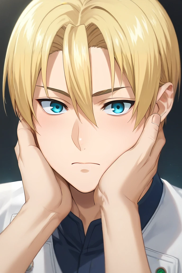 score_9, score_8_up, score_7_up, source_anime, , looking at viewer, , , 1boy, solo, male focus, <lora:takumi_aldini_pony:0.76>, takumi_aldini, blonde hair, blue eyes, short hair, hair between eyes, , feminist science fiction, Hands on the cheeks, suggesting awe or astonishment, <lora:sdxl_lightning_8step_lora:1>