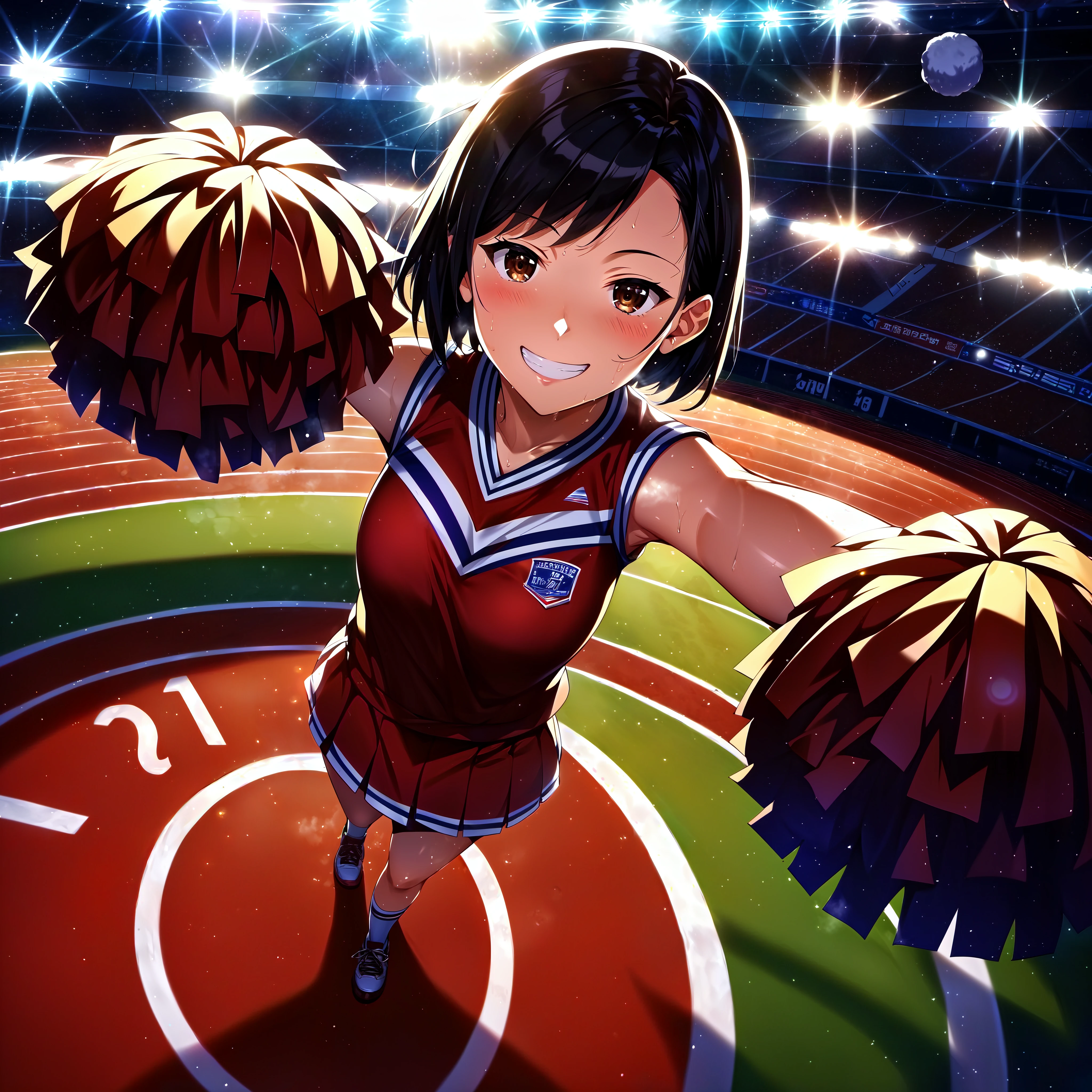 score_9, score_8_up, score_7_up, source_anime, BREAK, ((foreshortening, perspective), (from above)), (1girl, cheerleader uniform, standing on one leg, looking up, open mouth, black hair, brown eyes), (outstretched arms, reaching towards viewer, foreshortening), stadium sidelines, highres, absurdres, masterpiece, best quality, ultra-detailed, illustration,colorful, masterpiece, best quality, ray tracing, 8k, (extremely detailed), soft lighting, tracing, soft shadows, detailed face, textured skin, <lora:StS-SDXL-Foreshortening-Unet-Only:0.8>