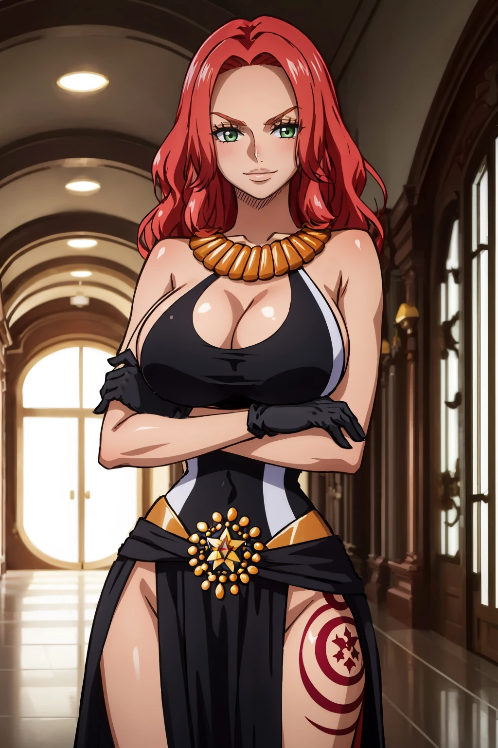 masterpiece, best quality, 1girl,  <lora:baccarat-nvwls-v1-000010:0.9> opBacara, wavy hair, green eyes, eyelashes, necklace, black dress, cleavage cutout, long dress, black gloves, (huge breasts:0.8), thigh tattoo, looking at viewer, crossed arms, smile, furrowed brow, hallway