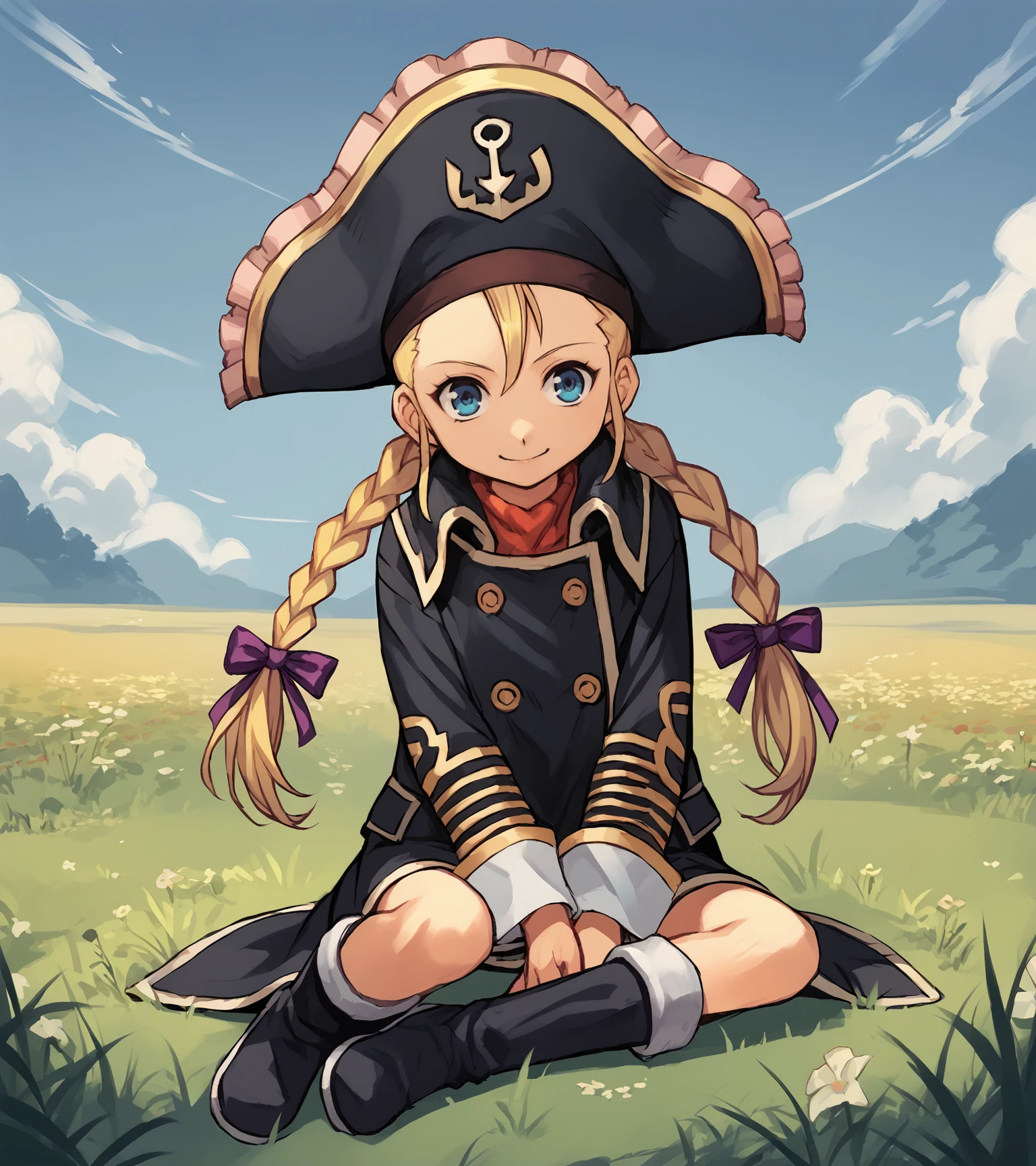 score_9, score_8_up, score_7_up, score_6_up, score_5_up, score_4_up, BREAK source_anime,
1girl, solo, <lora:PattyFleur:0.9>, Patty Fleur, blonde hair, twin braids, hair ribbon, blue eyes, flat chest, pirate hat, black coat, boots, 
outdoors, grass, field, sky, clouds,
looking at viewer, full body, happy, sitting,
 <lora:hungry clicker:1>,