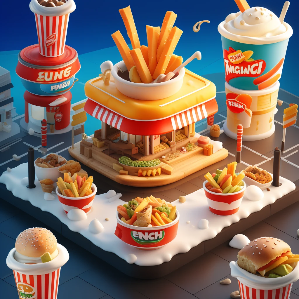 masterpiece,best quality,3D rendering of a game scene with multiple buildings and houses made of fast food icons such as burgers, hot dogs, pizza slices, french fries, sushi rolls, ice cream cones, and ramen bowls, all combined to form the shape of a "C", in a vibrant cartoon style,<lora:douyinxieshi1.5:0.8>,