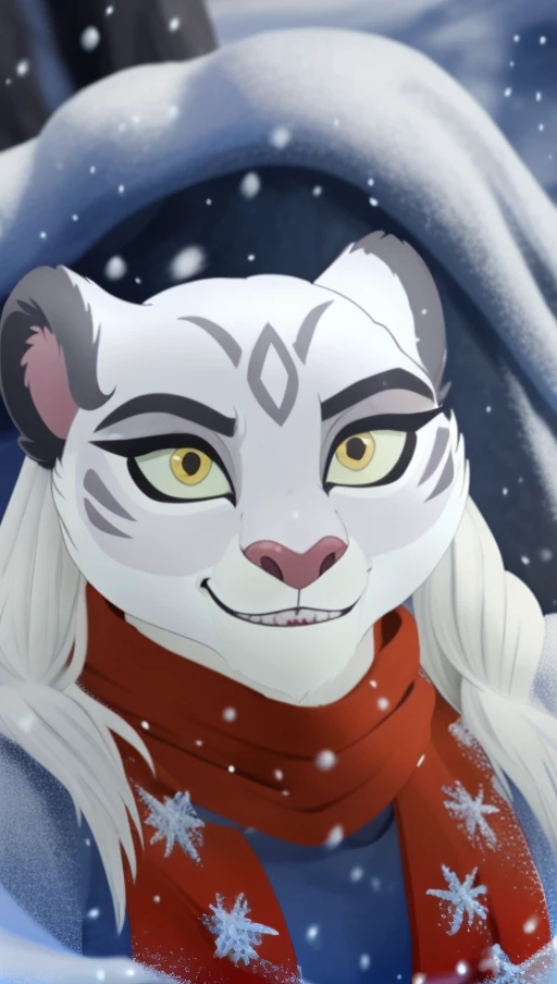 <lora:140835A2A6:0.9> cute anthro snow leopard girl (Chuluun) with long white hair, close up, cinematic light, detailed hair, HD, 8k, professional photo, posing, , NCRSCHKWARMINGMEME, POV, RED SCARF, WINTER CLOTHES, SMILE, BLUSH, white blouse, yellow eyes, (fangs:0.7), red mittens, snowfall, evening, hairs between eyes  rim lighting, two tone lighting, dimly lit, low key, silver earrings, steam, contrast light, detailed shadows