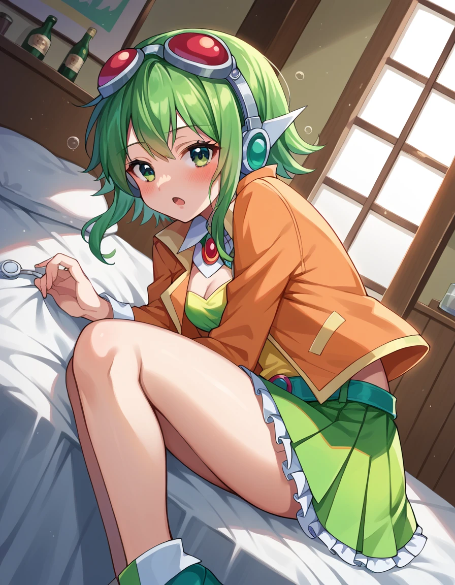 score_9, score_8_up, score_7_up, source_anime,
vocaloidgumi, <lora:vocaloid-gumi-ponyxl-lora-nochekaiser:1>,
gumi, green eyes, green hair, medium hair, sidelocks,
belt, brooch, frilled skirt, frills, goggles, goggles on head, green skirt, green tube top, headphones, high heels, jacket, jewelry, layered skirt, orange jacket, orange skirt, pleated skirt, red goggles, shirt, skirt, strapless, tube top, yellow shirt,
indoors, bed, bed room, on side, blush, drunk,
looking at viewer, dutch angle, cowboy shot,