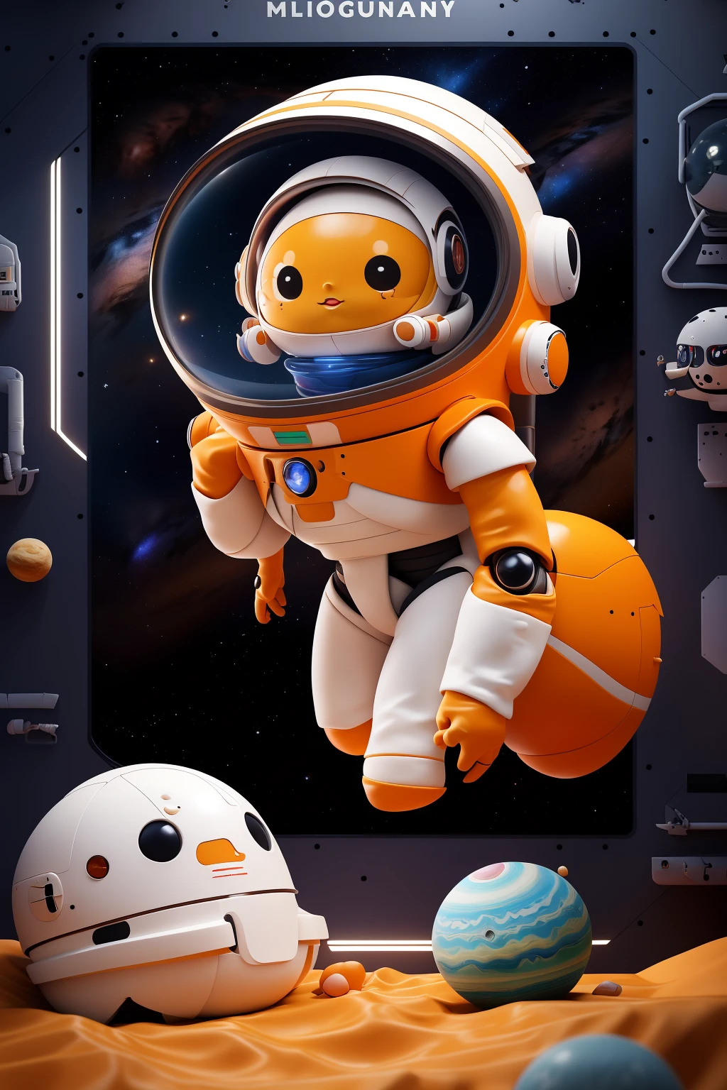 masterpiece,best quality,A cute space robot,with a round head and body made of clay material,is featured in a stunning poster design titled "The Milky Way nebula". The poster features an orange yellow planet in the background. A spaceship is parked on top of it. A group of colorful baby planets float around the spacecraft,<lora:douyinxieshi1.5:0.8>,