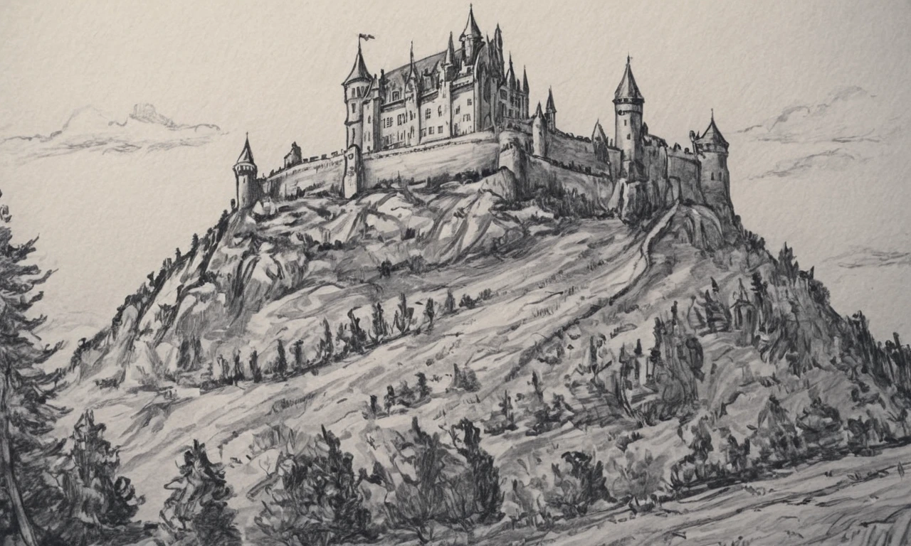 ep1cl@nd$c@pe, castle on a hill sketch hand drawn
