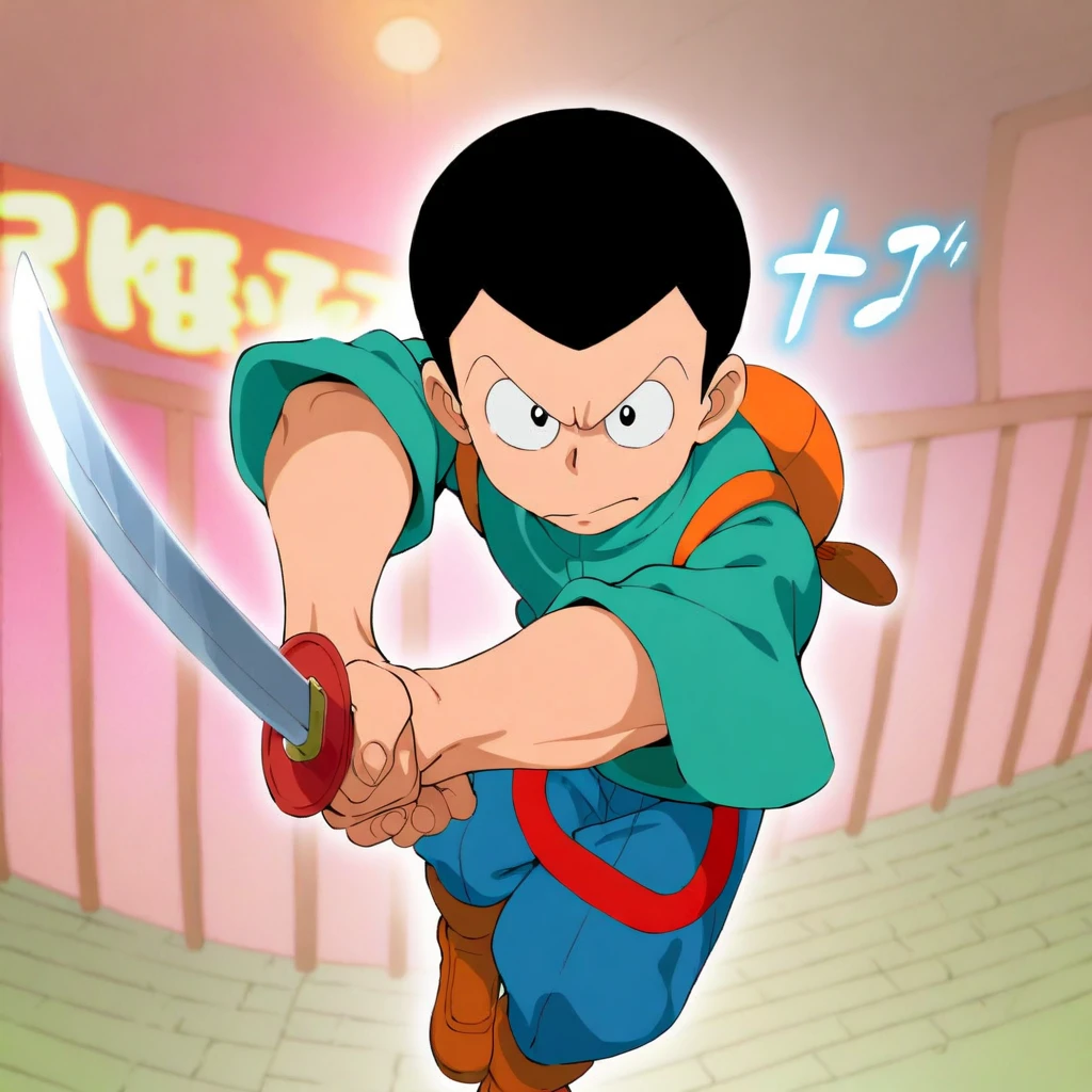 A Nobita Nobi holds a katana . <lora:Ichimonji:0.9>,two hand