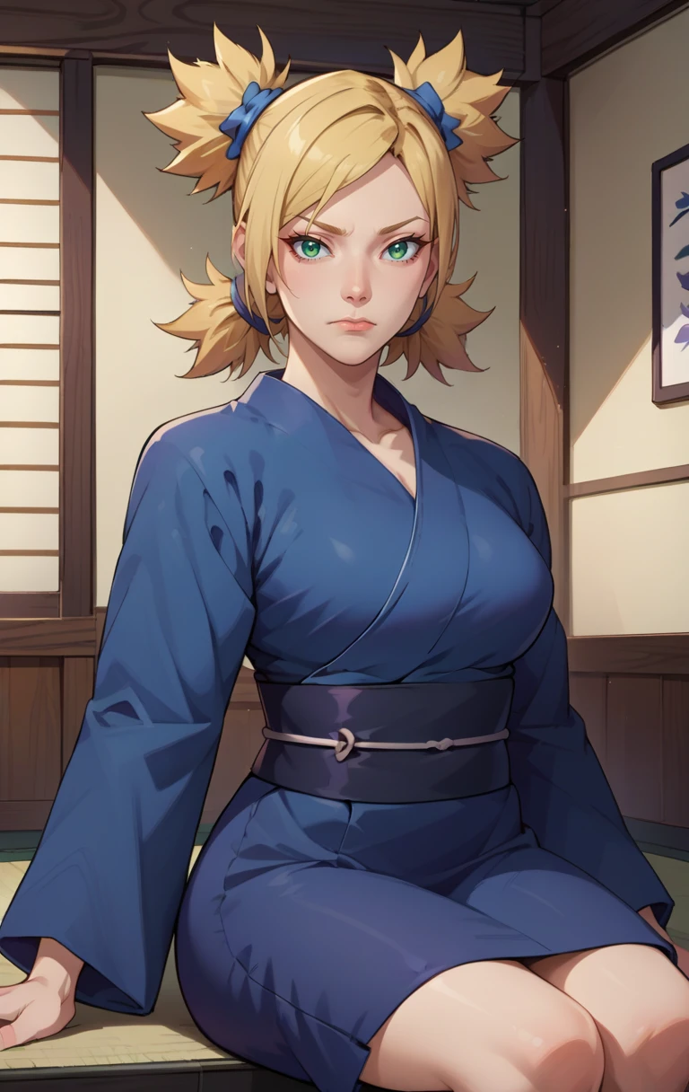 score_9, score_8_up, score_7_up, BREAK source_anime  <lora:temari:1> temariSDXL, 1girl, solo, looking at viewer, medium breasts, blonde hair, four pigtails, closed mouth, blue green eyes, japanese clothes,blue kimono,  sash, cowboy shot, room background, sitting