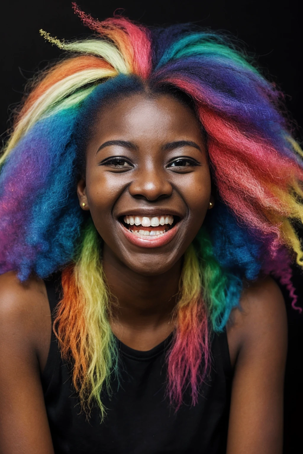 20yo african woman, laughing, rainbow colored hair, black background